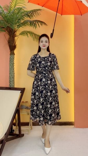 Đầm xòe - Cổ tròn tay ngắn - CT - Xanh đen hoa - TTV2087
