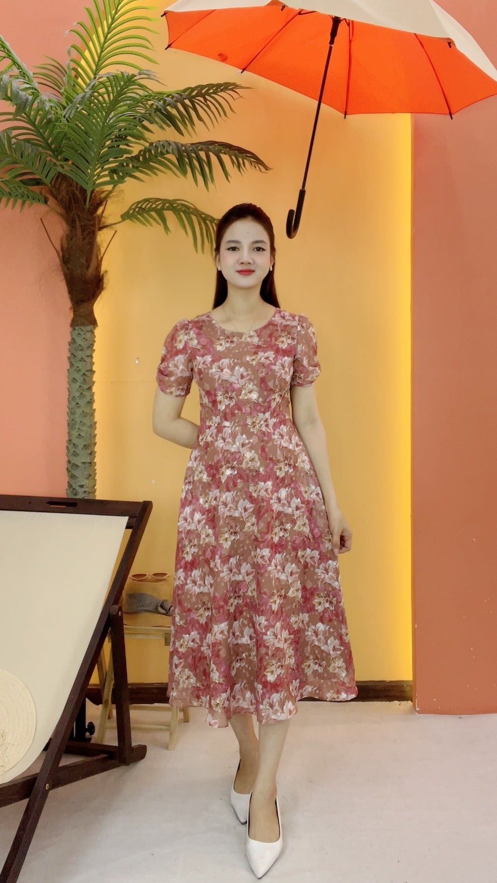 Đầm xòe - Cổ tròn tay ngắn - CD -Hồng hoa - TTV2086