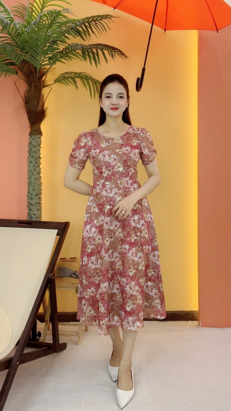 Đầm xòe - Cổ tròn tay ngắn - CD -Hồng hoa - TTV2086