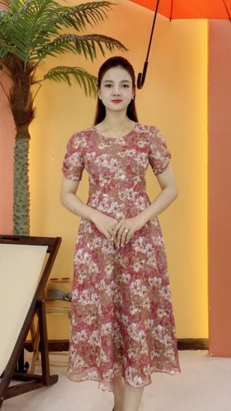 Đầm xòe - Cổ tròn tay ngắn - CD -Hồng hoa - TTV2086