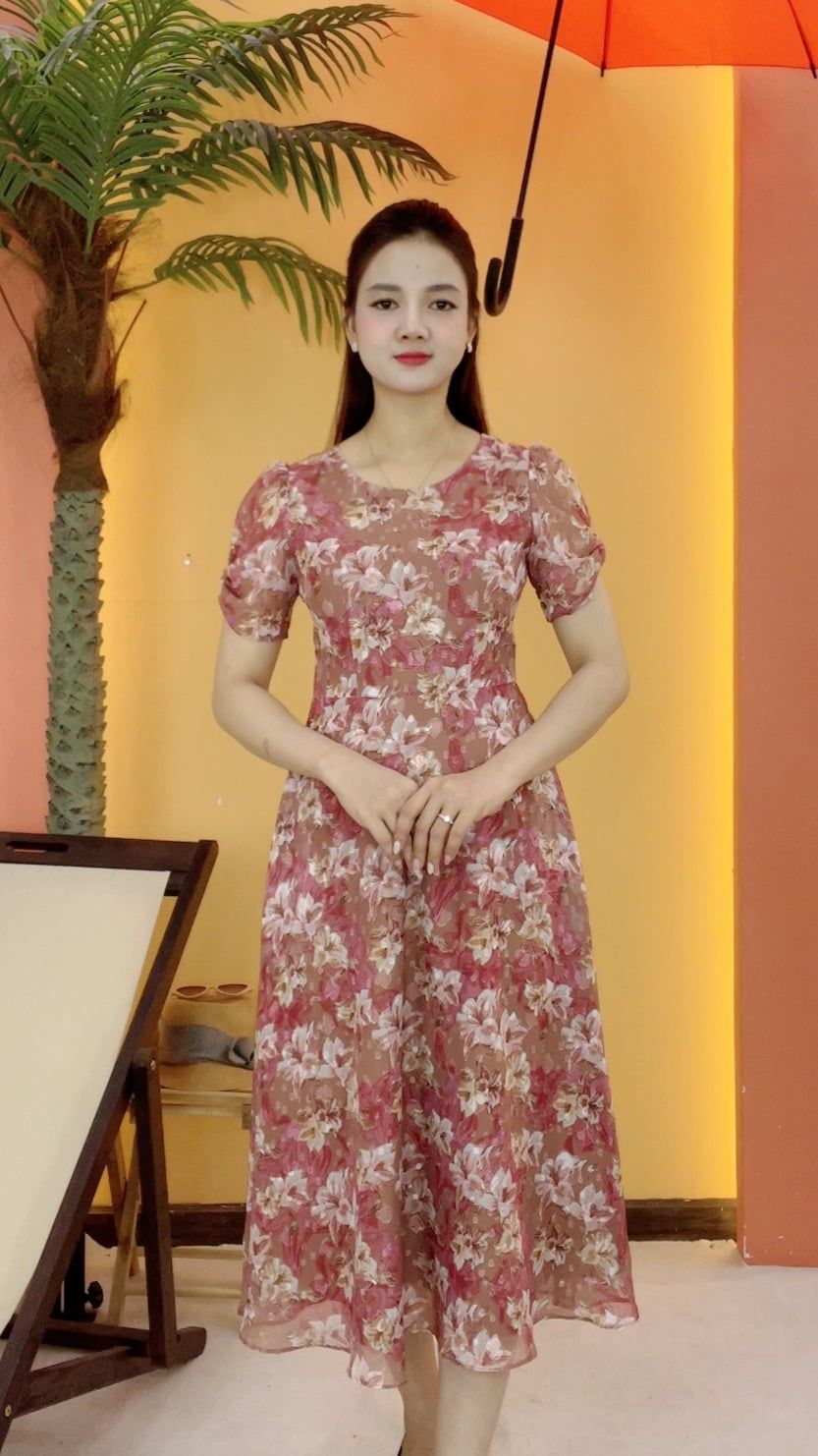 Đầm xòe - Cổ tròn tay ngắn - CD -Hồng hoa - TTV2086