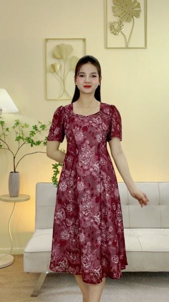 Đầm suông xòe - Cổ vuông tim phối ren tay loe - CT - Đỏ rượu hoa - TTV2088