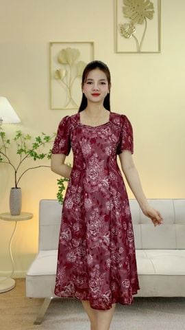 Đầm suông xòe - Cổ vuông tim phối ren tay loe - CT - Đỏ rượu hoa - TTV2088