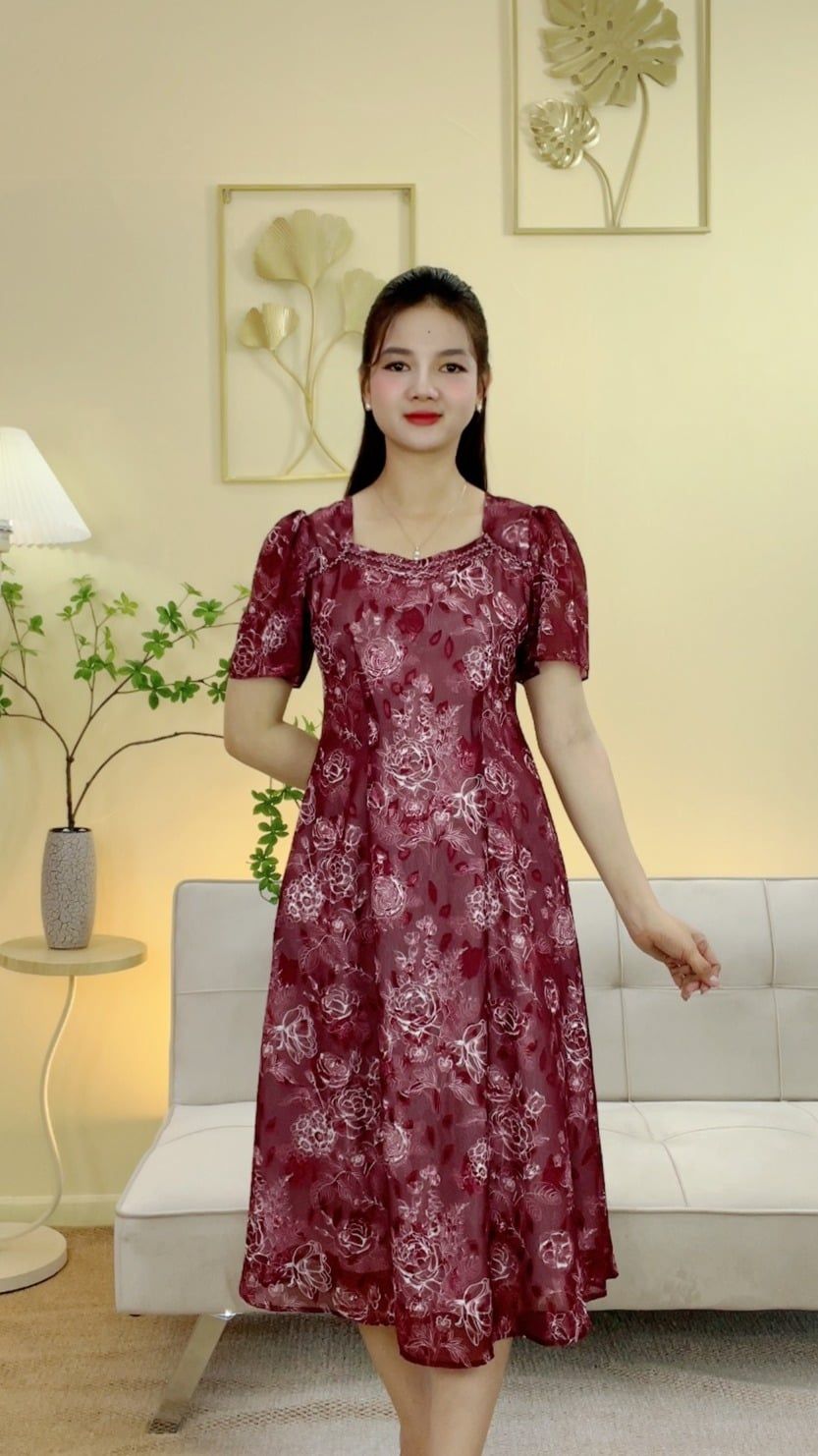 Đầm suông xòe - Cổ vuông tim phối ren tay loe - CT - Đỏ rượu hoa - TTV2088