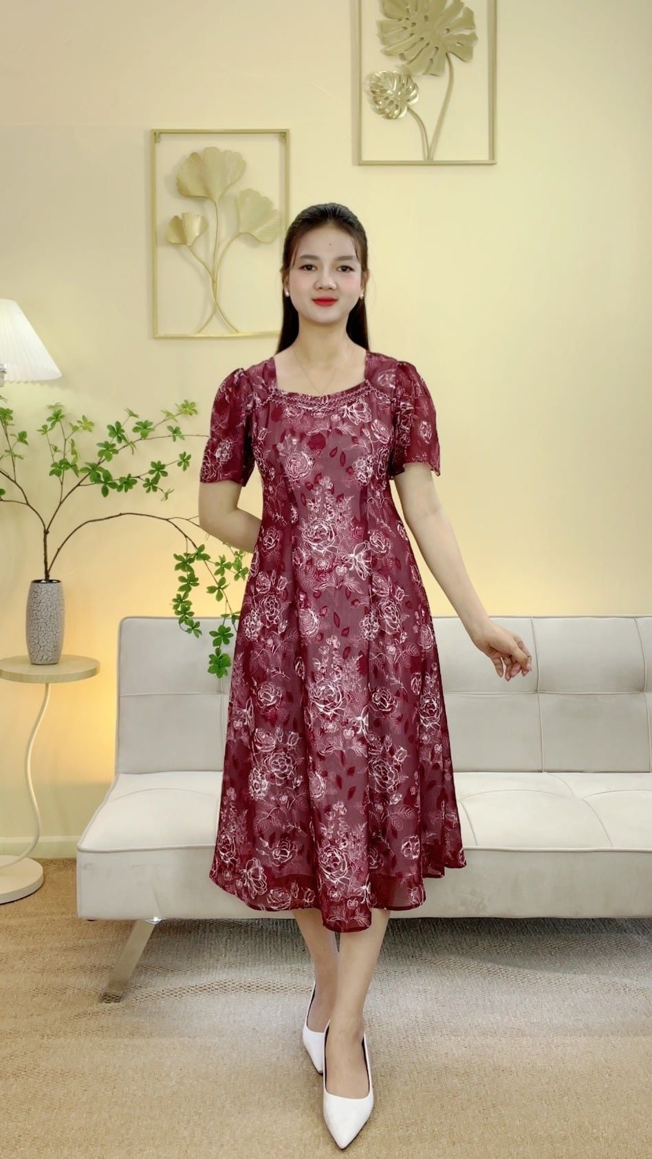 Đầm suông xòe - Cổ vuông tim phối ren tay loe - CT - Đỏ rượu hoa - TTV2088