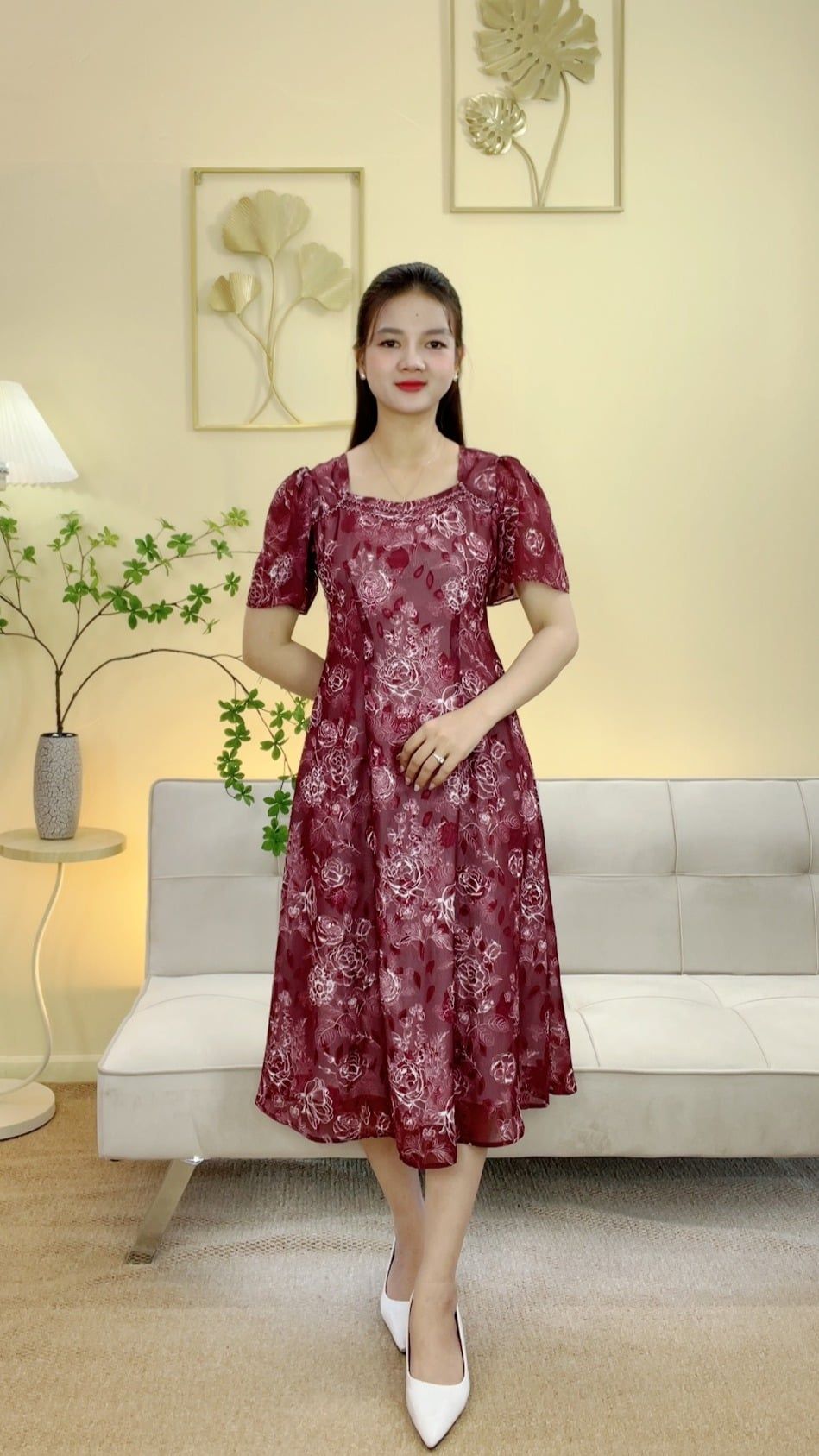 Đầm suông xòe - Cổ vuông tim phối ren tay loe - CT - Đỏ rượu hoa - TTV2088