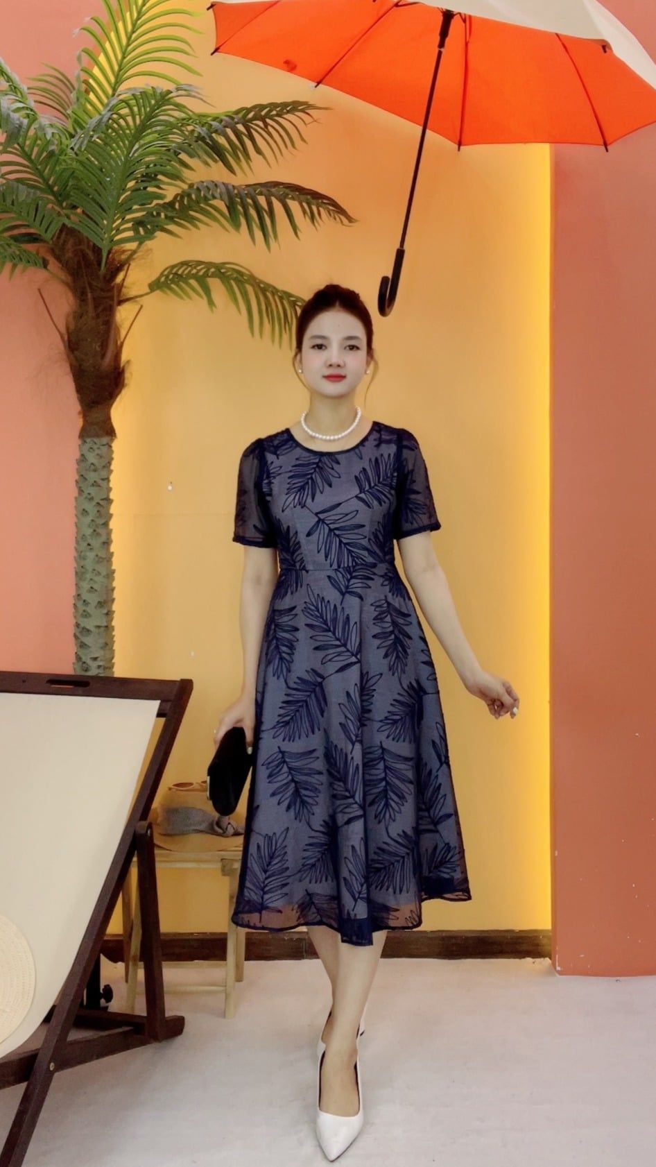 Đầm xòe - Cổ tròn tay ngắn - CT - Xanh đen - TTV2089