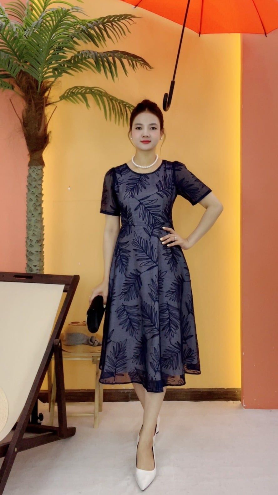 Đầm xòe - Cổ tròn tay ngắn - CT - Xanh đen - TTV2089