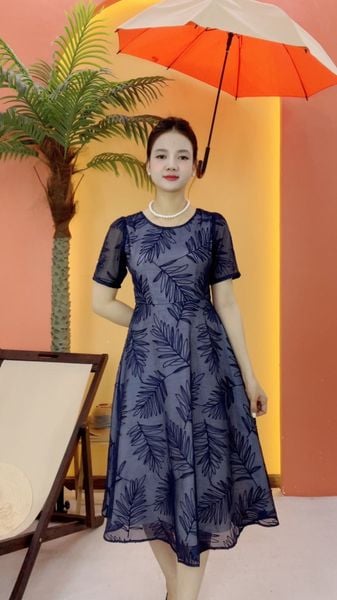 Đầm xòe - Cổ tròn tay ngắn - CT - Xanh đen - TTV2089