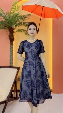 Đầm xòe - Cổ tròn tay ngắn - CT - Xanh đen - TTV2089