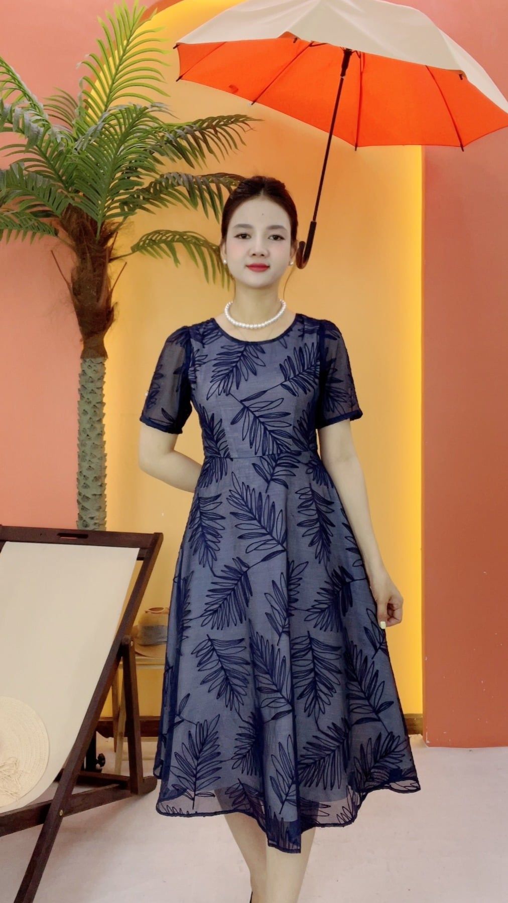 Đầm xòe - Cổ tròn tay ngắn - CT - Xanh đen - TTV2089