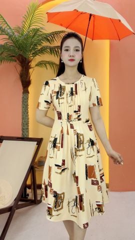 Đầm xòe - Cổ tròn tay ngắn - CT - kem họa tiết - TTV2090