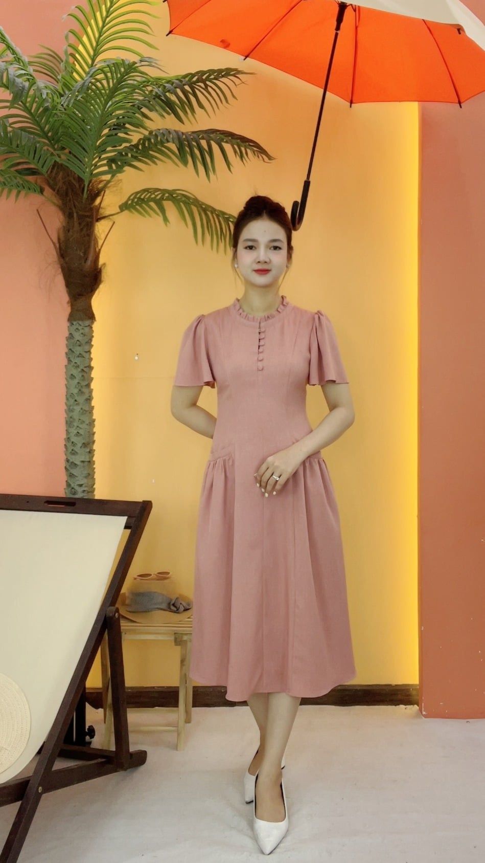 Đầm xòe - Cổ tròn kết nút tay loe - CD - Hồng ruốc - TTV2091