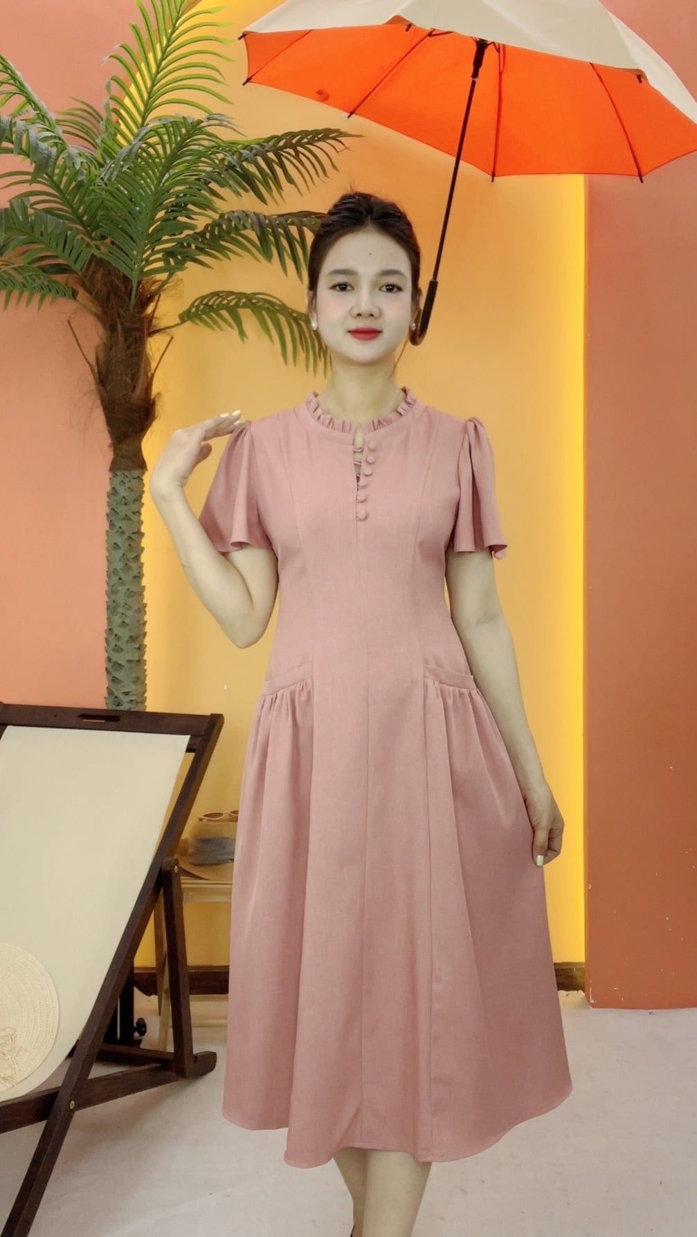 Đầm xòe - Cổ tròn kết nút tay loe - CD - Hồng ruốc - TTV2091