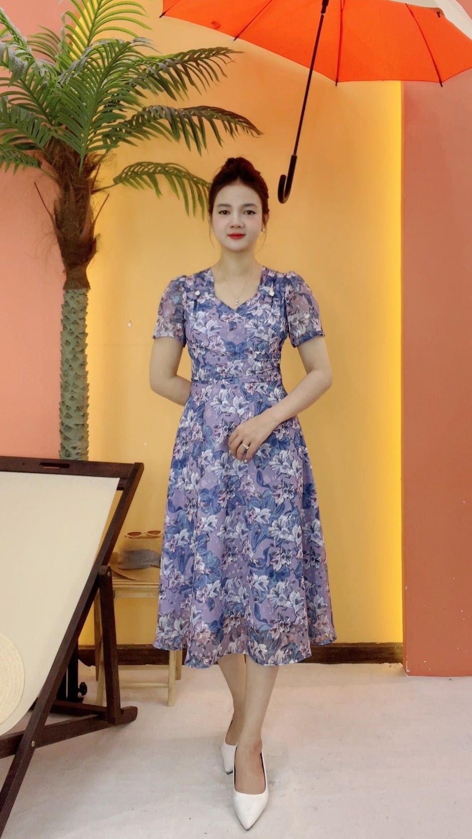 Đầm xòe - Cổ vuông tim kết nút tay lỡ - CV - Tím hoa - TTV2093