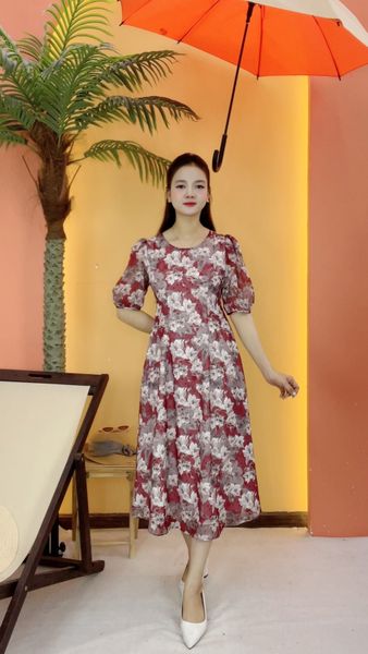 Đầm suông xòe - Cổ tròn tay lỡ - CD - Đỏ hoa - TTV2095