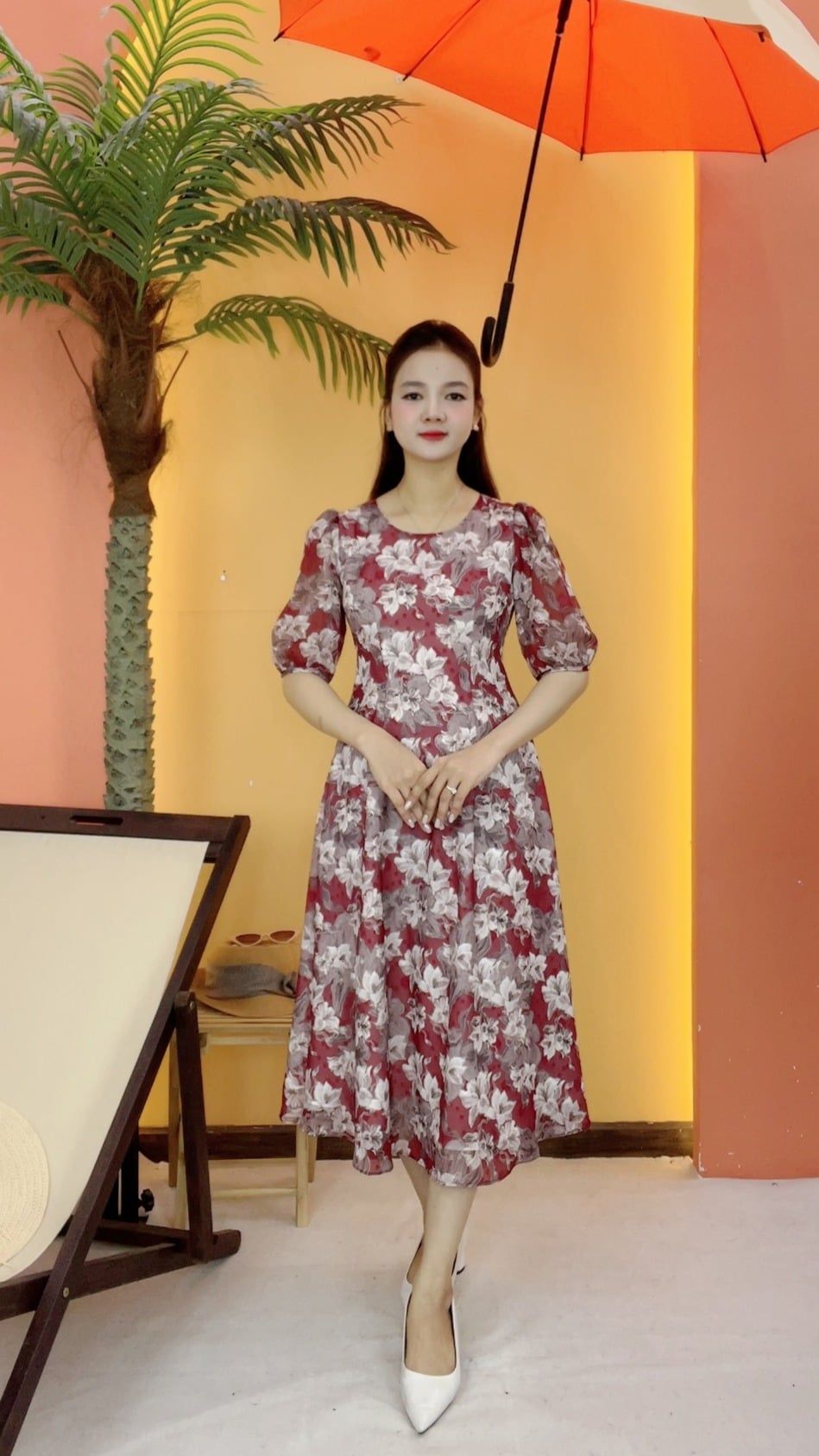 Đầm suông xòe - Cổ tròn tay lỡ - CD - Đỏ hoa - TTV2095