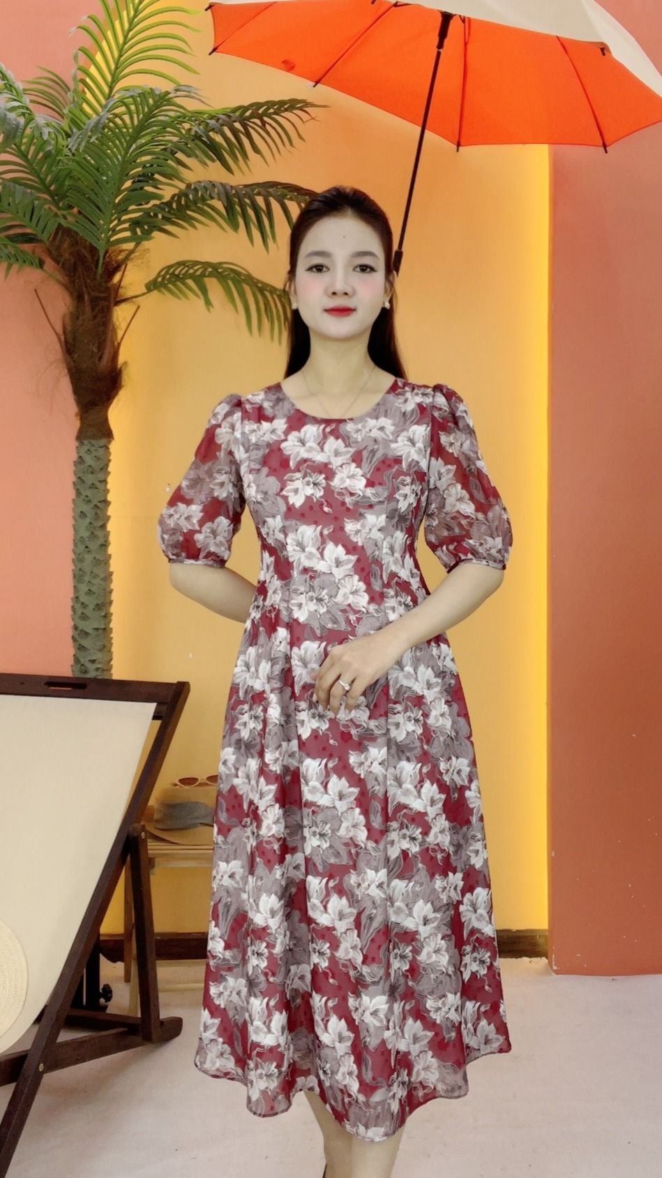 Đầm suông xòe - Cổ tròn tay lỡ - CD - Đỏ hoa - TTV2095