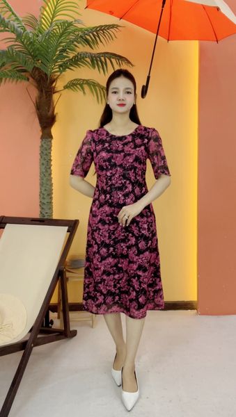 Đầm suông - Cổ tròn tay ngắn - CD - Đen hoa - TTV2097