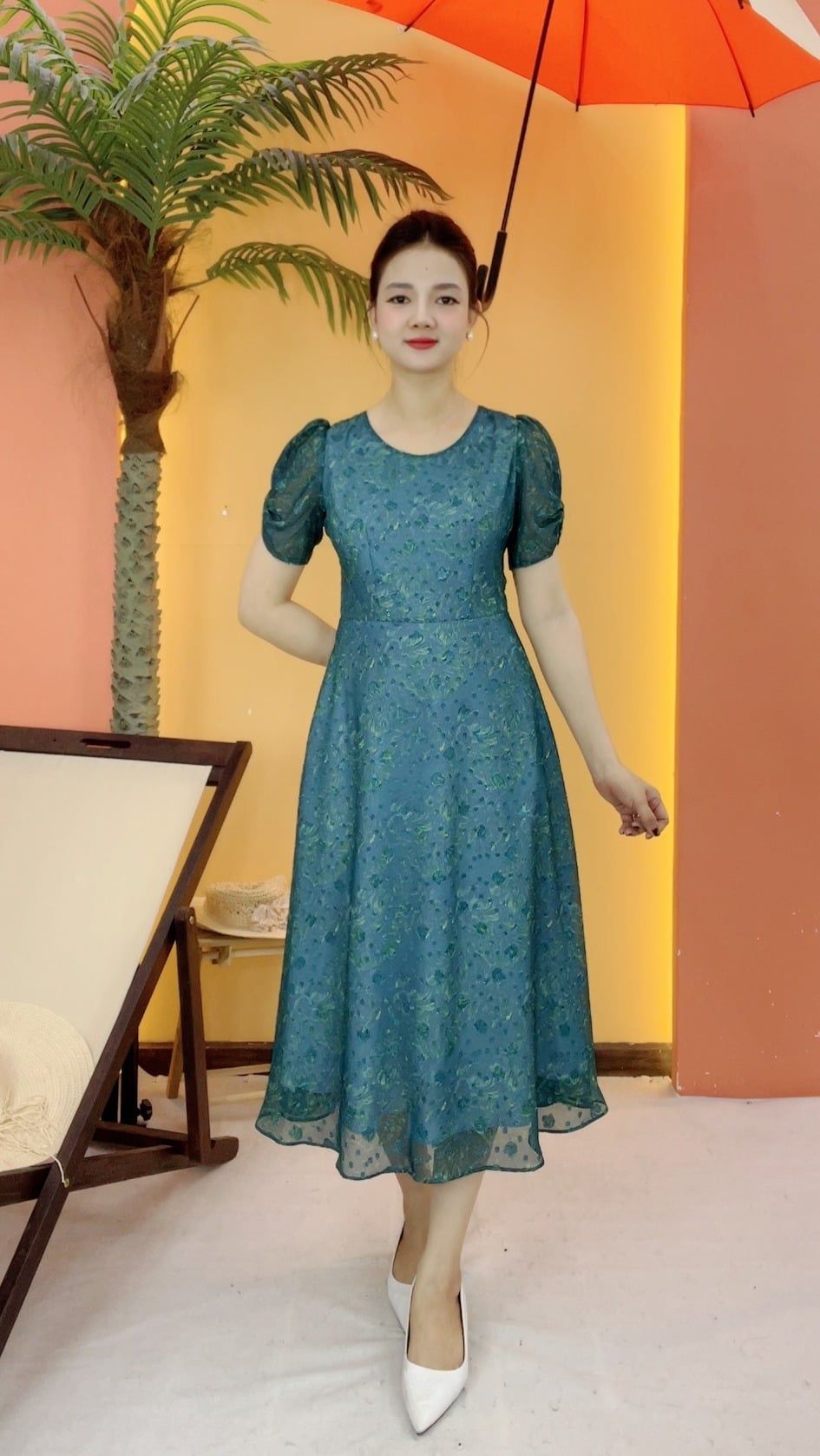 Đầm xòe - Cổ tròn tay cánh bướm - CD - Xanh hoa - TTV2101