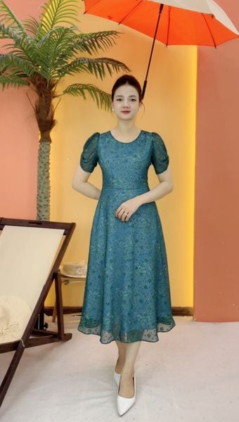 Đầm xòe - Cổ tròn tay cánh bướm - CD - Xanh hoa - TTV2101