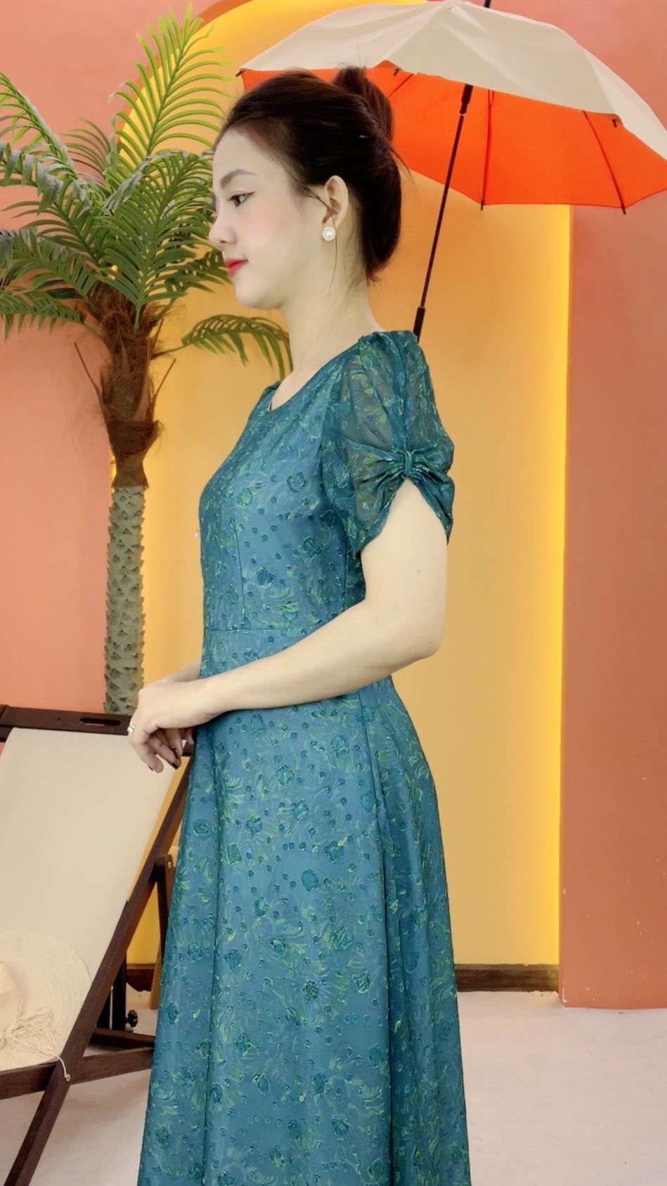Đầm xòe - Cổ tròn tay cánh bướm - CD - Xanh hoa - TTV2101