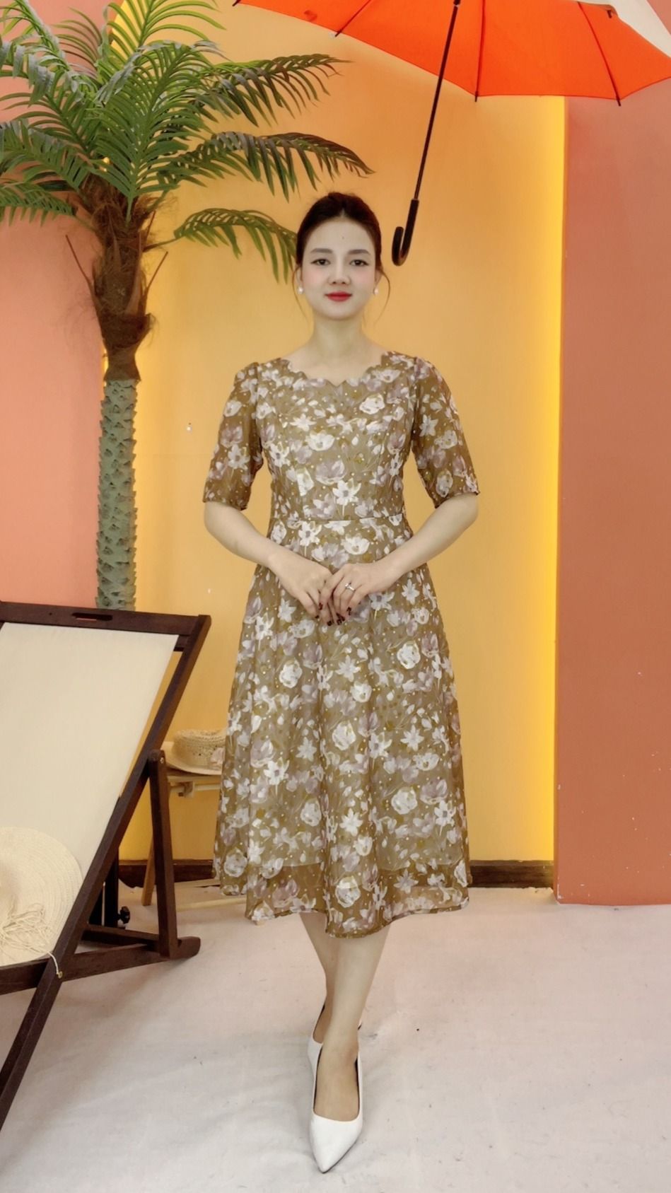 Đầm xòe - Cổ sóng nước tay ngắn - CV - Vàng hoa - TTV2100