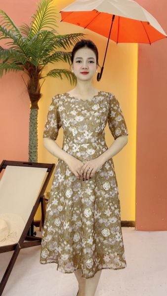 Đầm xòe - Cổ sóng nước tay ngắn - CV - Vàng hoa - TTV2100