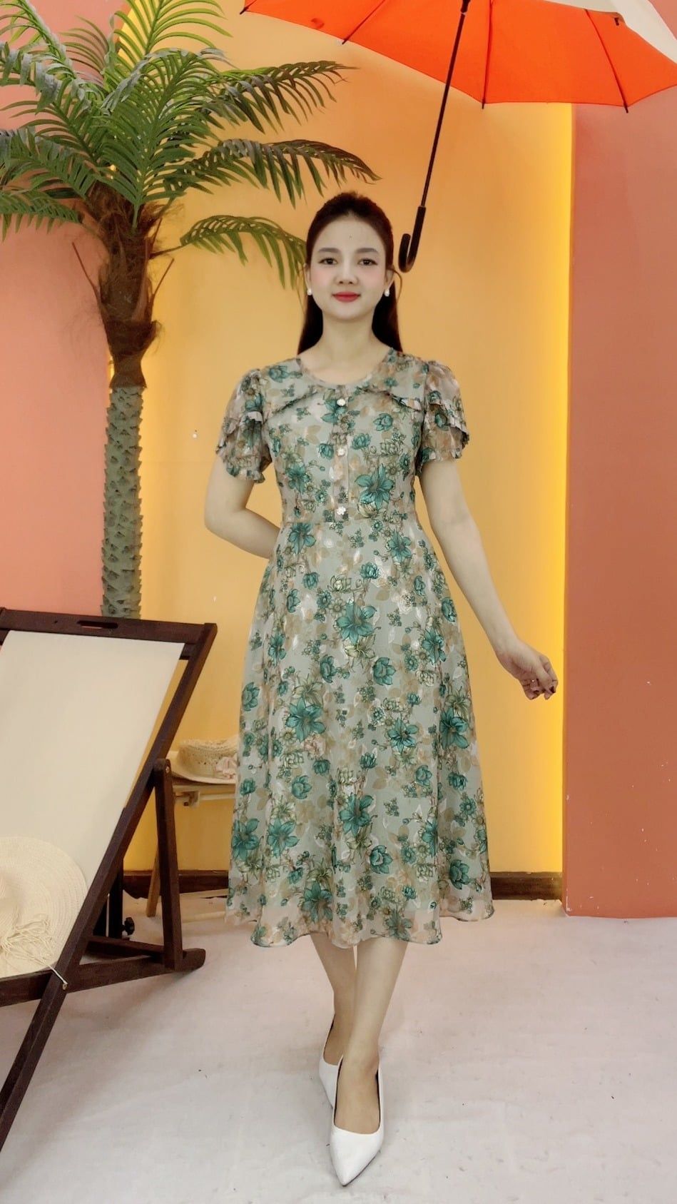 Đầm xòe - Cổ tròn tay búp - CV - xanh hoa - TTV2096