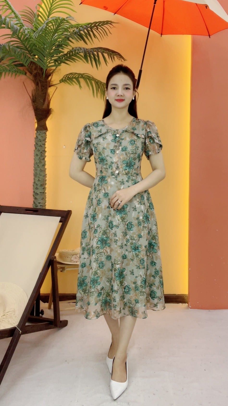 Đầm xòe - Cổ tròn tay búp - CV - xanh hoa - TTV2096