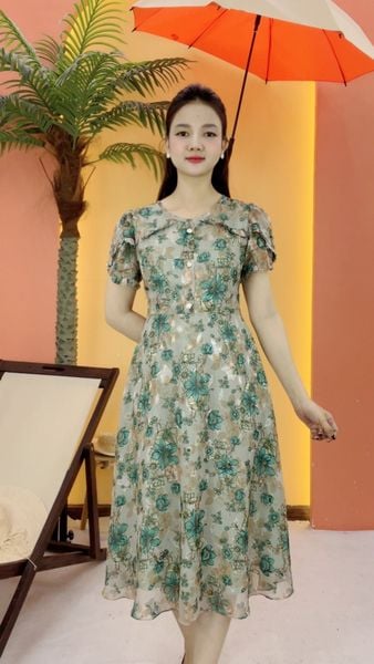 Đầm xòe - Cổ tròn tay búp - CV - xanh hoa - TTV2096
