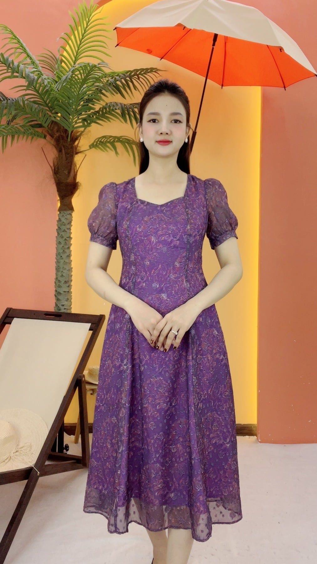 Đầm xòe 8 mảnh - Cổ vuông tim tay ngắn - AH - Tím hoa - TTV2102