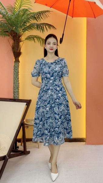 Đầm xòe - Cổ tròn bèo kết hoa tay ngắn - CV - Xanh hoa - TTV2104