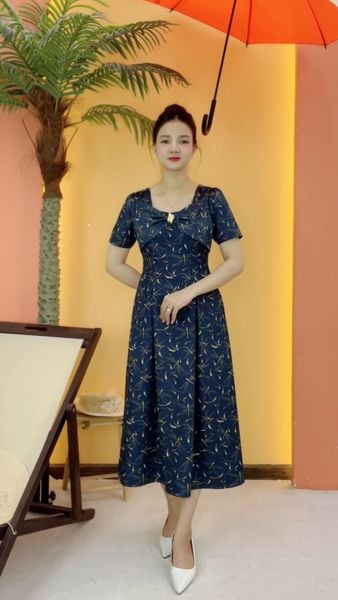 Đầm xòe - Cổ vuông tim tay ngắn - Xanh họa tiết - TTV2106