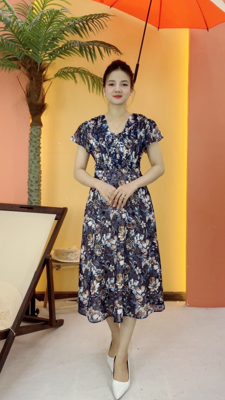 Đầm xòe - Cổ vuông tim tay ngắn - CT- Xanh  hoa - TTV2125