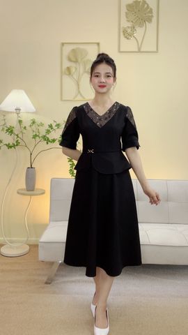 Đầm xòe - Cổ tim tay ngắn - CD - Đen - TTV2109