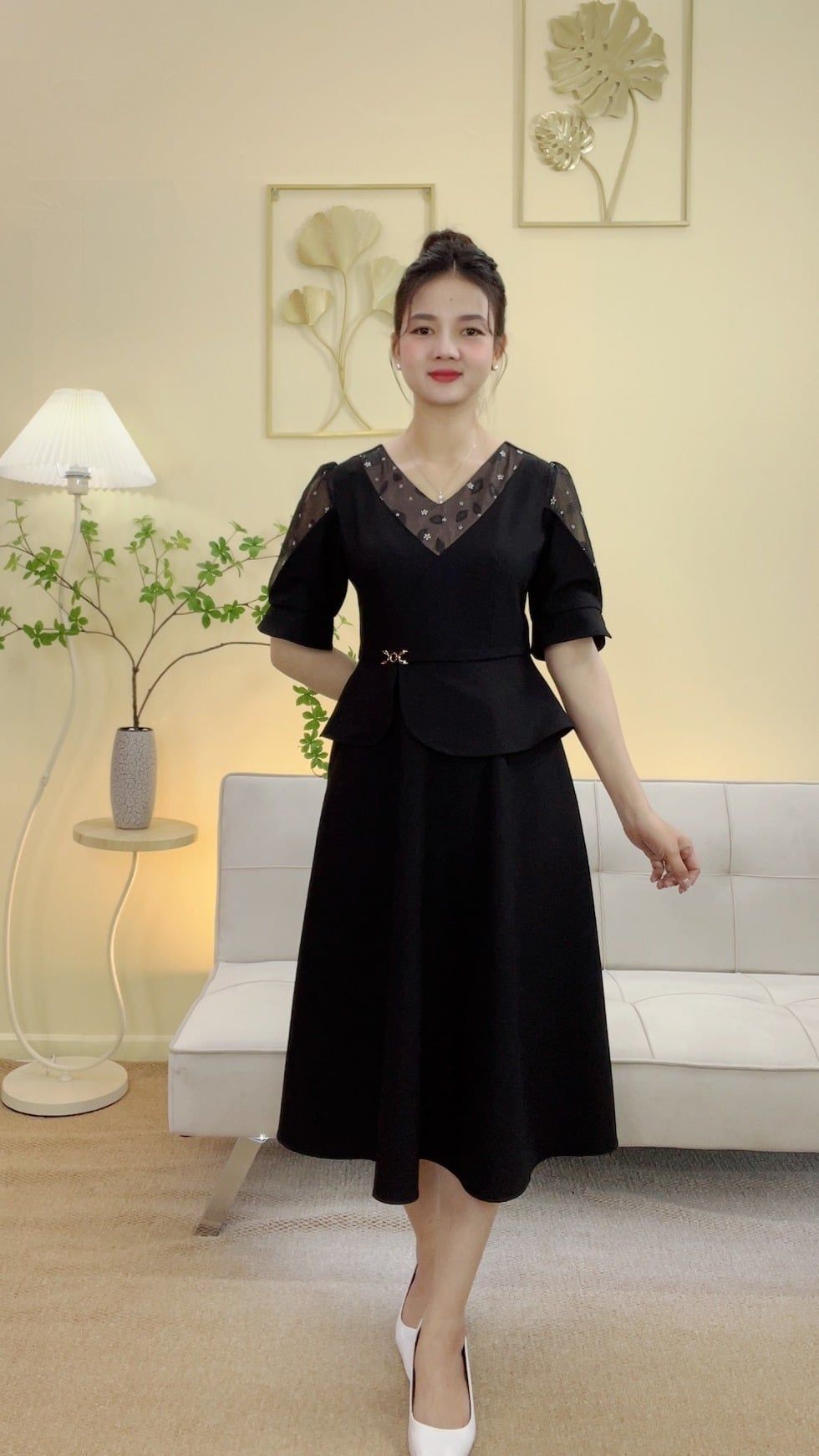 Đầm xòe - Cổ tim tay ngắn - CD - Đen - TTV2109