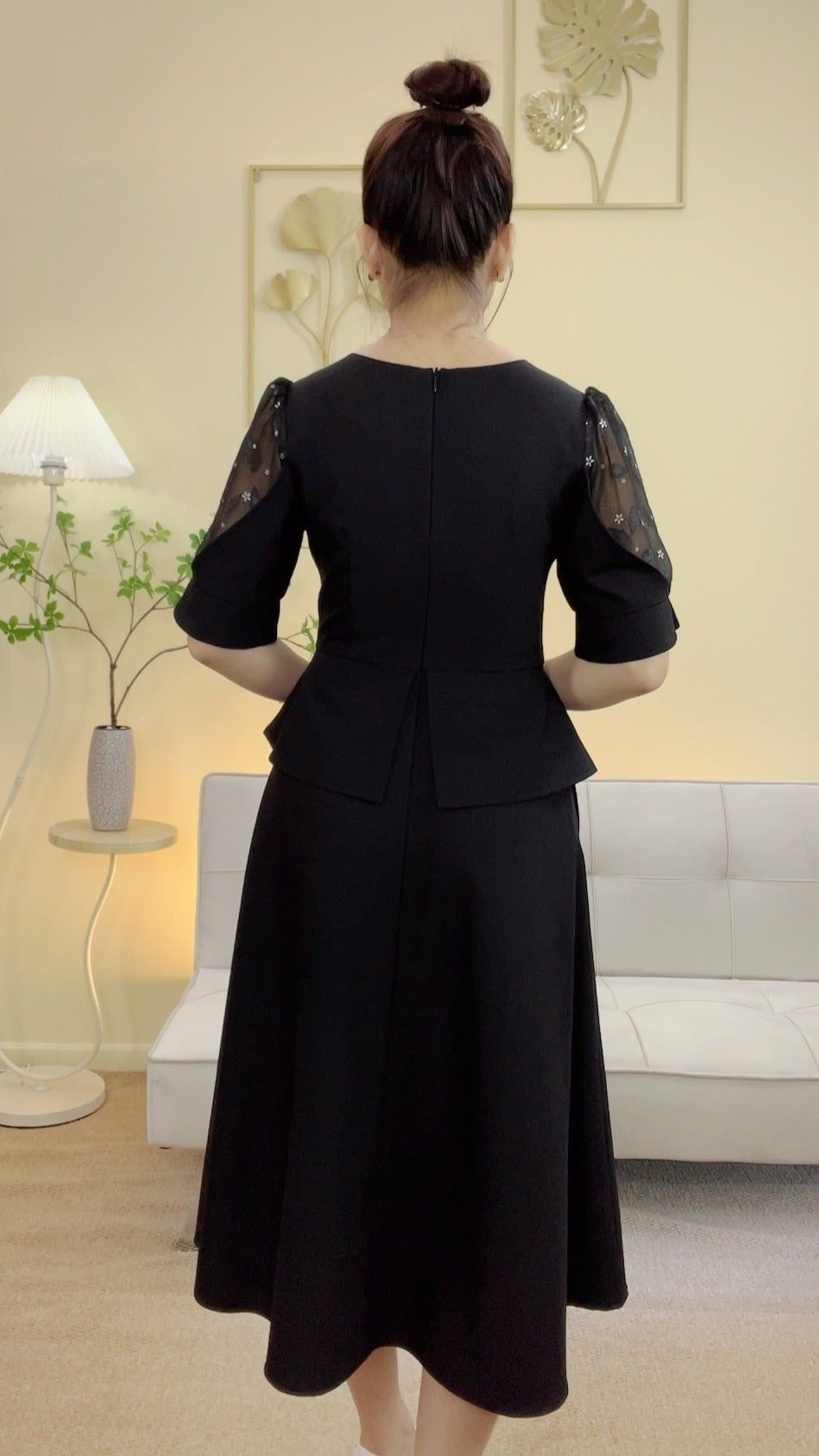 Đầm xòe - Cổ tim tay ngắn - CD - Đen - TTV2109