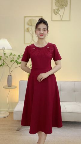 Đầm xòe - Cổ tròn kết nút tay ngắn - CV - Đỏ đô - TTV2108