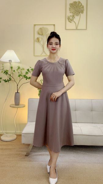 Đầm xòe - Cổ tròn kết nút tay ngắn - CV - Nâu xám - TTV2108