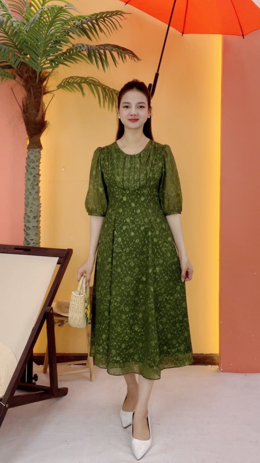 Đầm xòe - Cổ tròn nhúng tay lỡ - CD - Xanh rêu hoa - TTV2110