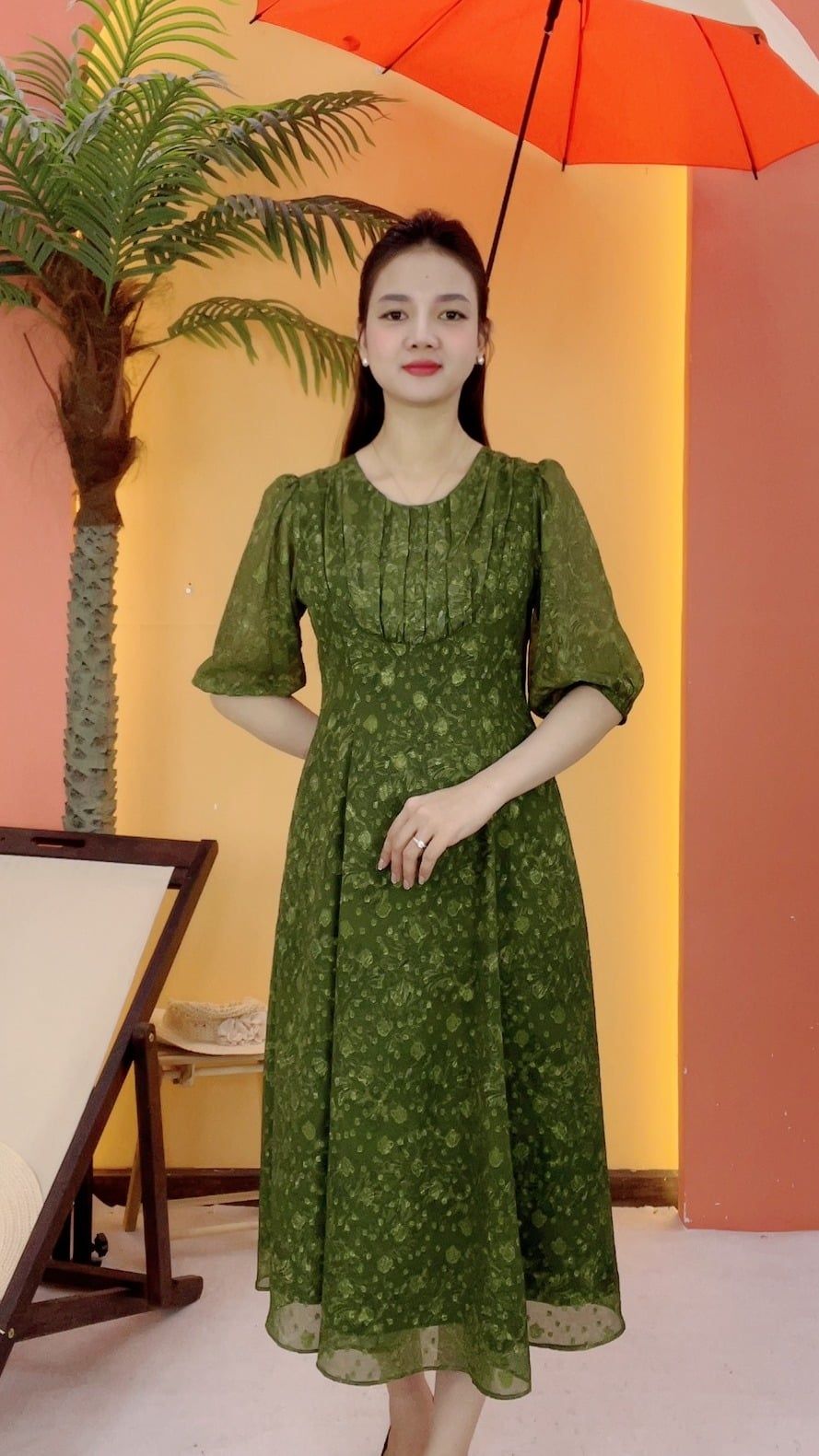 Đầm xòe - Cổ tròn nhúng tay lỡ - CD - Xanh rêu hoa - TTV2110