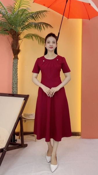 Đầm xòe - Cổ tròn kết nút tay ngắn - CV - Đỏ đô - TTV2108