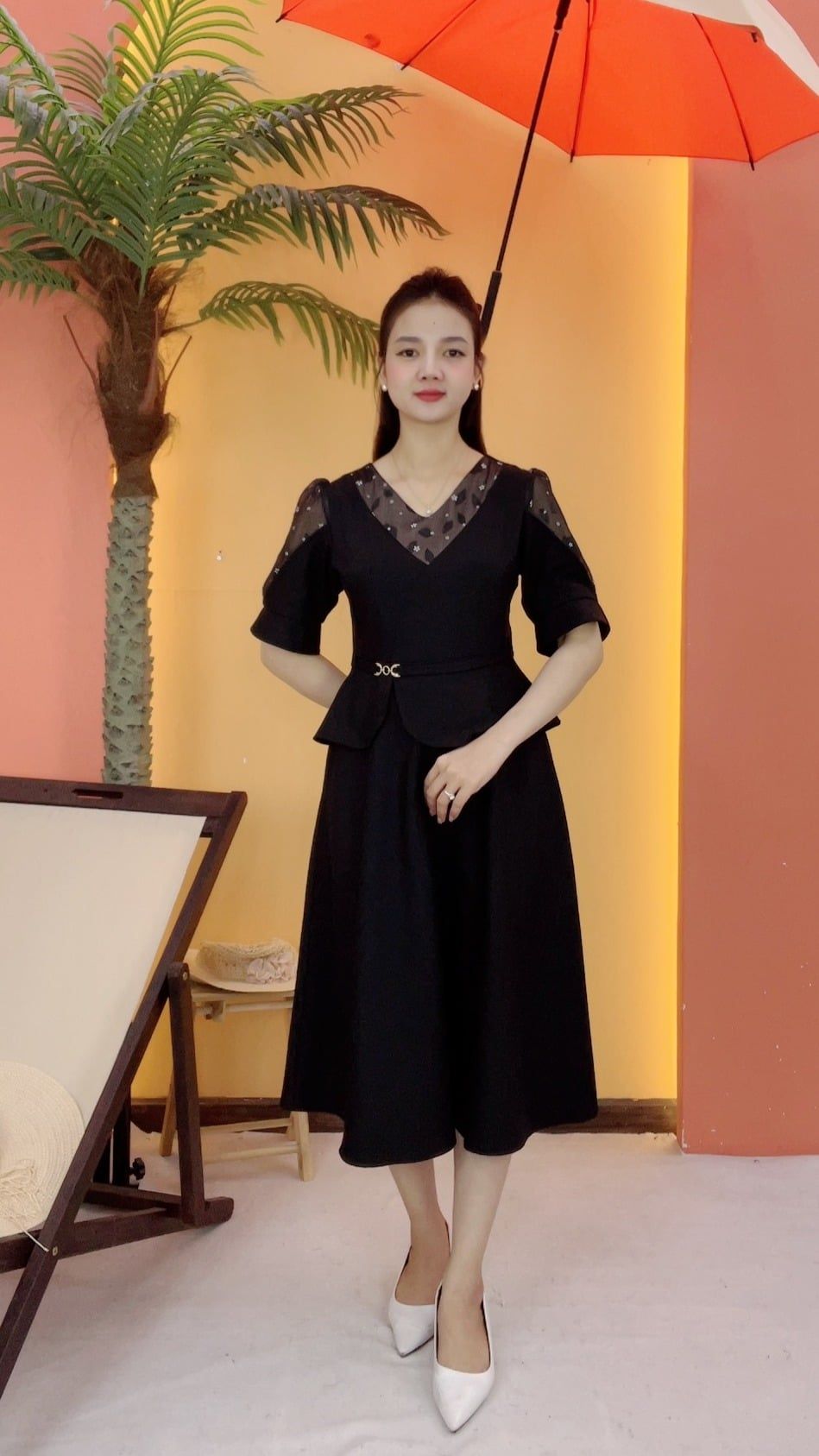 Đầm xòe - Cổ tim tay ngắn - CD - Đen - TTV2109