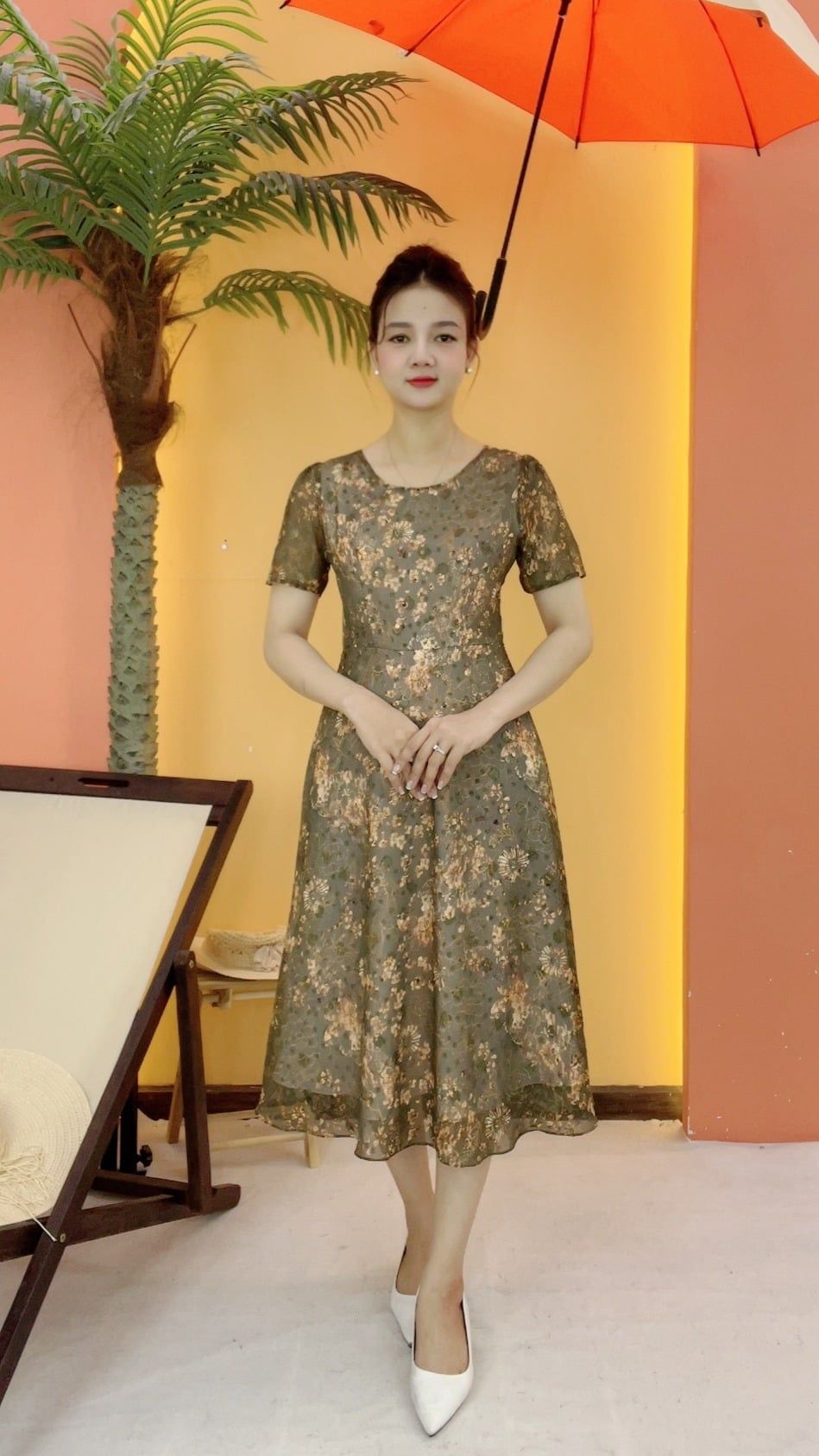 Đầm xòe - Cổ tròn tay ngắn - CT - Xanh rêu hoa - TTV2107