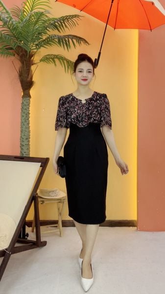 Đầm body - Cổ tròn tay loe tầng - CV - Đen hoa - TTV2113