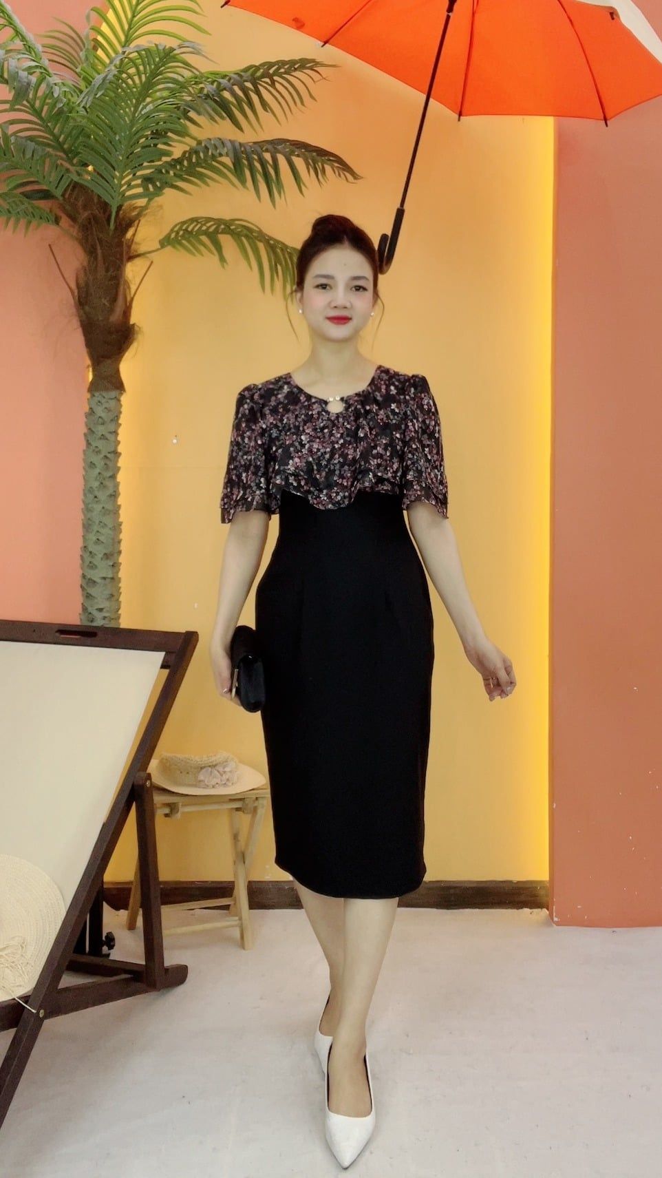 Đầm body - Cổ tròn tay loe tầng - CV - Đen hoa - TTV2113
