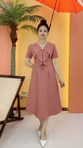 Đầm suông - Cổ tim kết nút tay ngắn - CT - Hồng ruốc - TTV2119