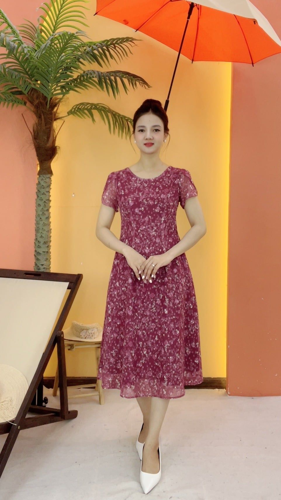 Đầm suông xòe - Cổ tròn tay ngắn - CT - Hồng hoa - TTV2111