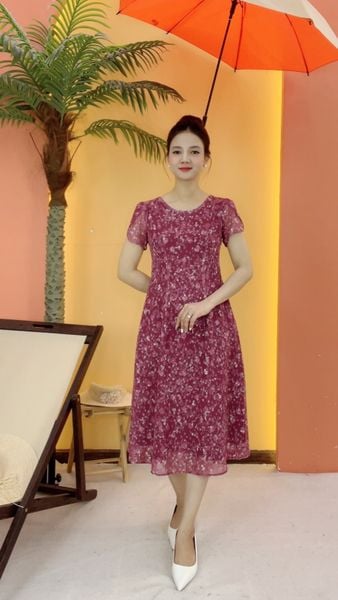 Đầm suông xòe - Cổ tròn tay ngắn - CT - Hồng hoa - TTV2111